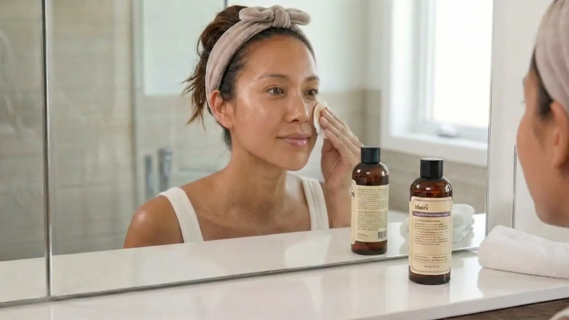woman applying hydrating toner with a cotton pad in front of a mirror with various skincare bottles on the counter