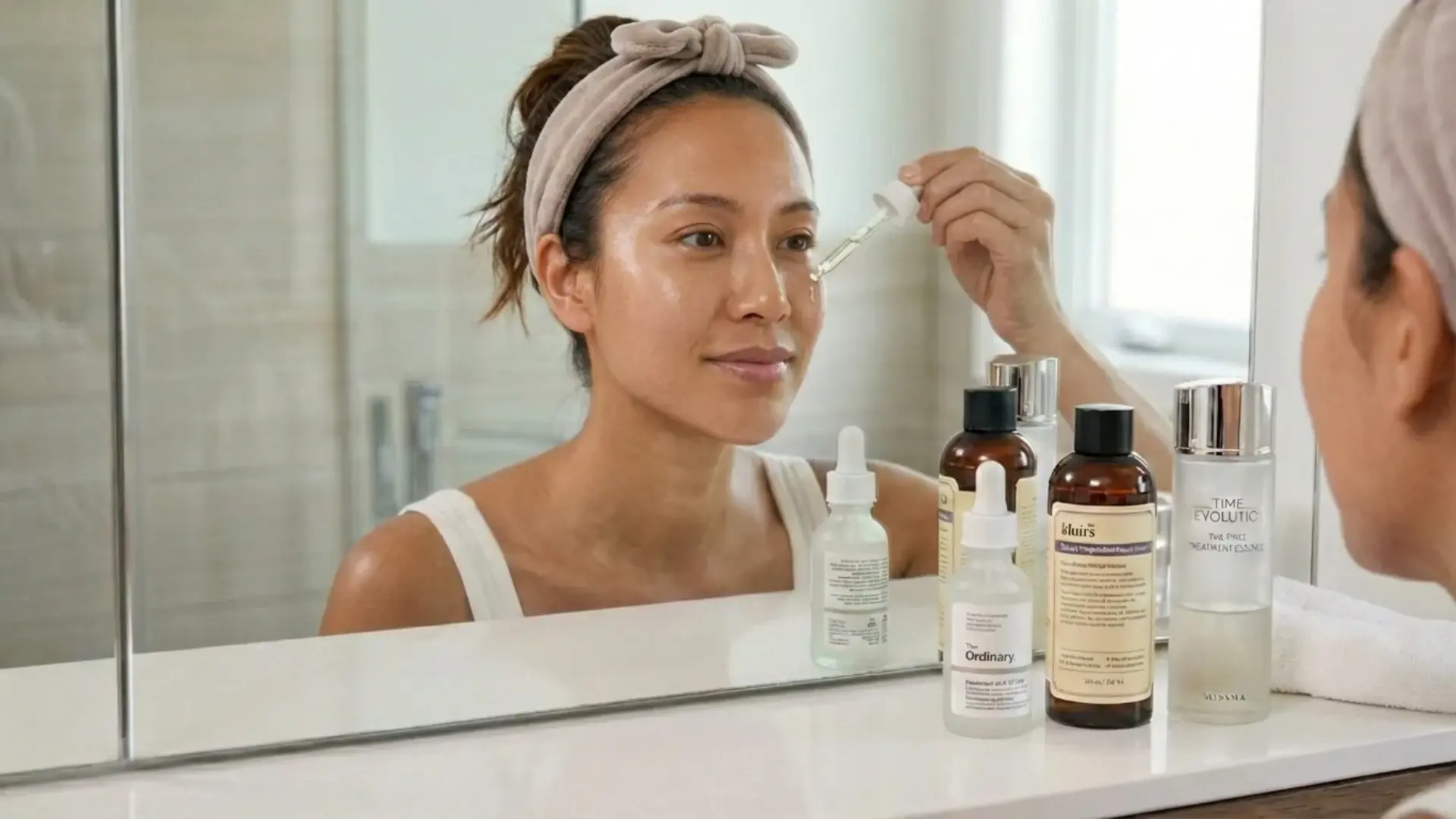woman applying serums with a dropper in front of a mirror with various glass bottles on the bathroom counter