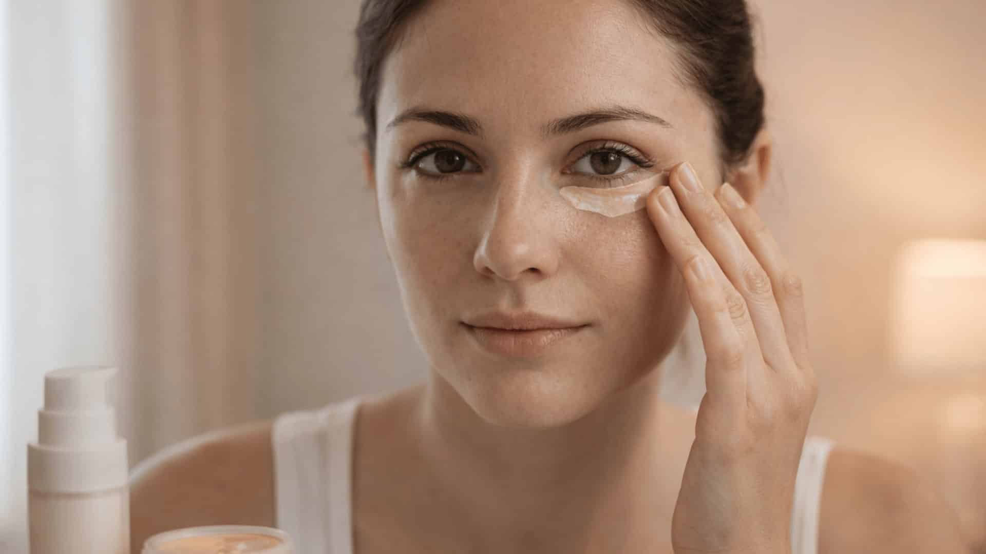woman gently patting concealer under eye with ring finger at vanity soft natural light real textured skin close up