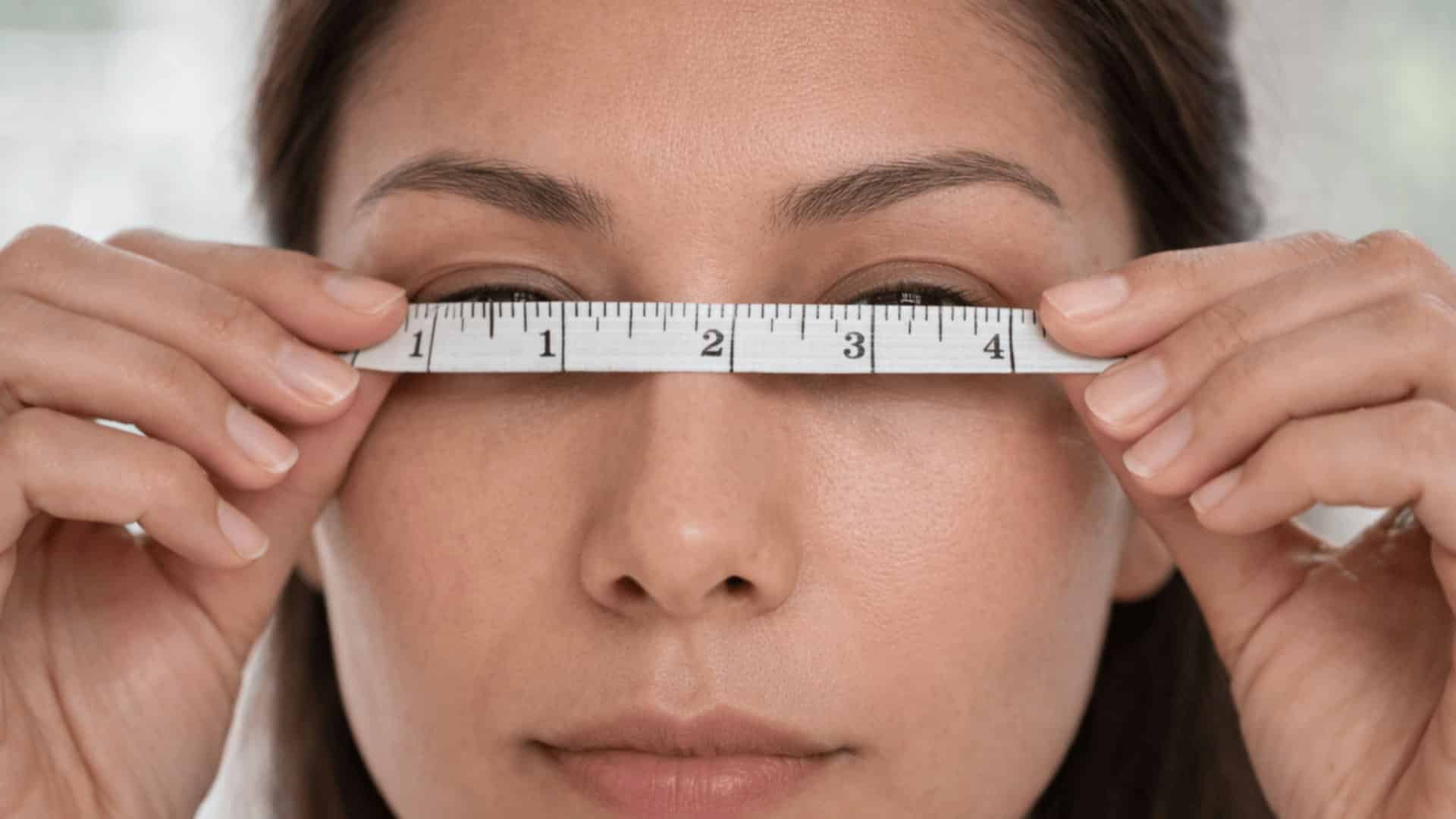 woman holding measuring tape across bridge of nose checking spacing between hooded eyes in natural daylight