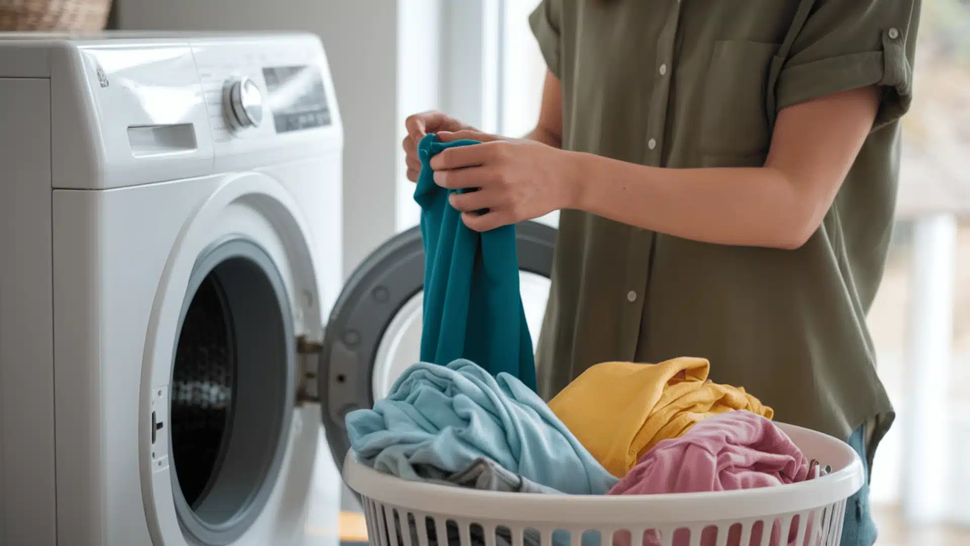 woman in a green shirt, standing beside a white washing machine she is holding a teal-colored piece of clothing