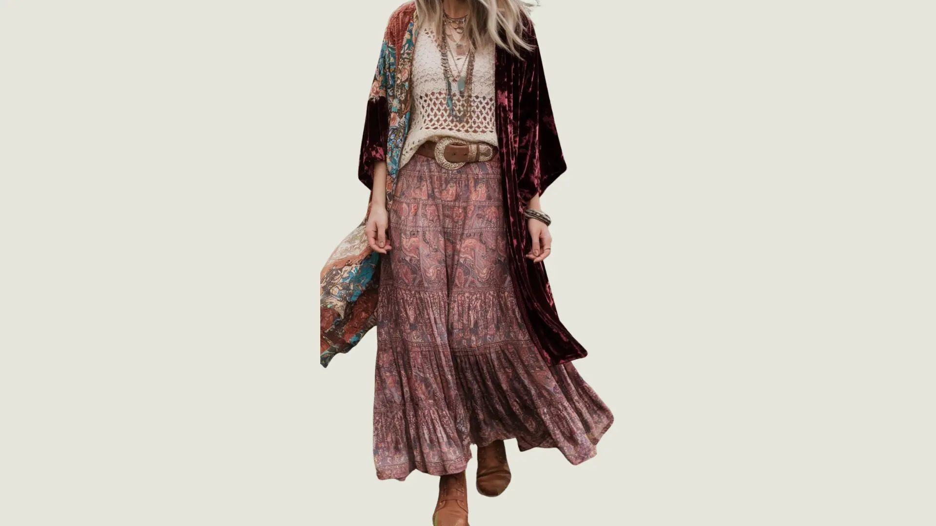 woman in a hippie style wearing a crochet top and tiered paisley skirt with a velvet kimono and layered necklaces