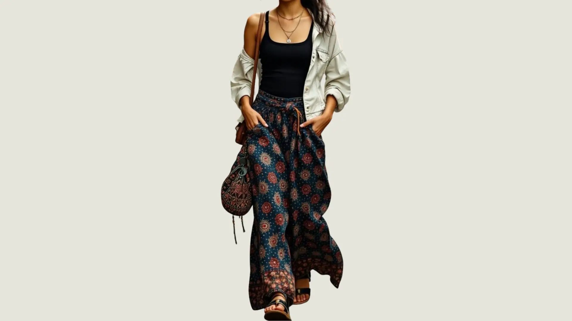 woman in a wanderlust style wearing a patterned maxi dress with layered necklaces and a large embroidered shoulder bag