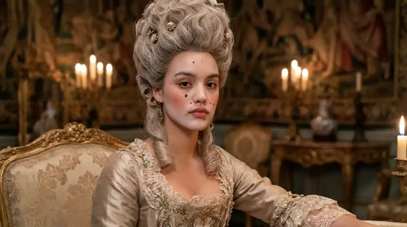 woman in eighteenth century gown with powdered hairstyle and beauty marks, seated by candlelight in ornate setting
