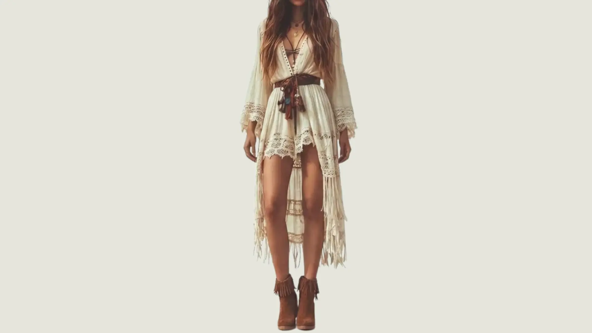 woman in festival style wearing a lace white high-low dress with a brown belt and fringe brown suede ankle boots