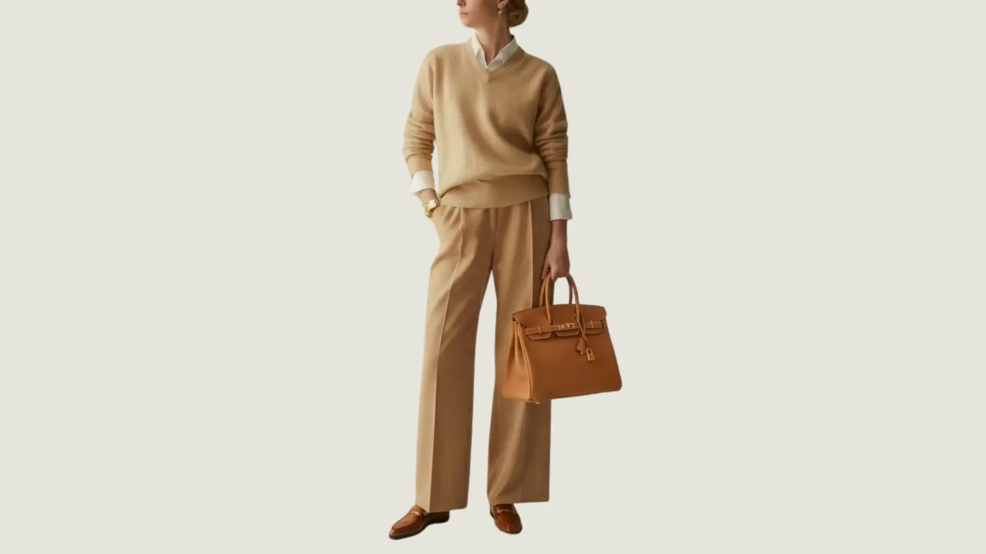 woman in old money _ quiet luxury style wearing a beige v-neck sweater, tan trousers, and holding a large leather bag