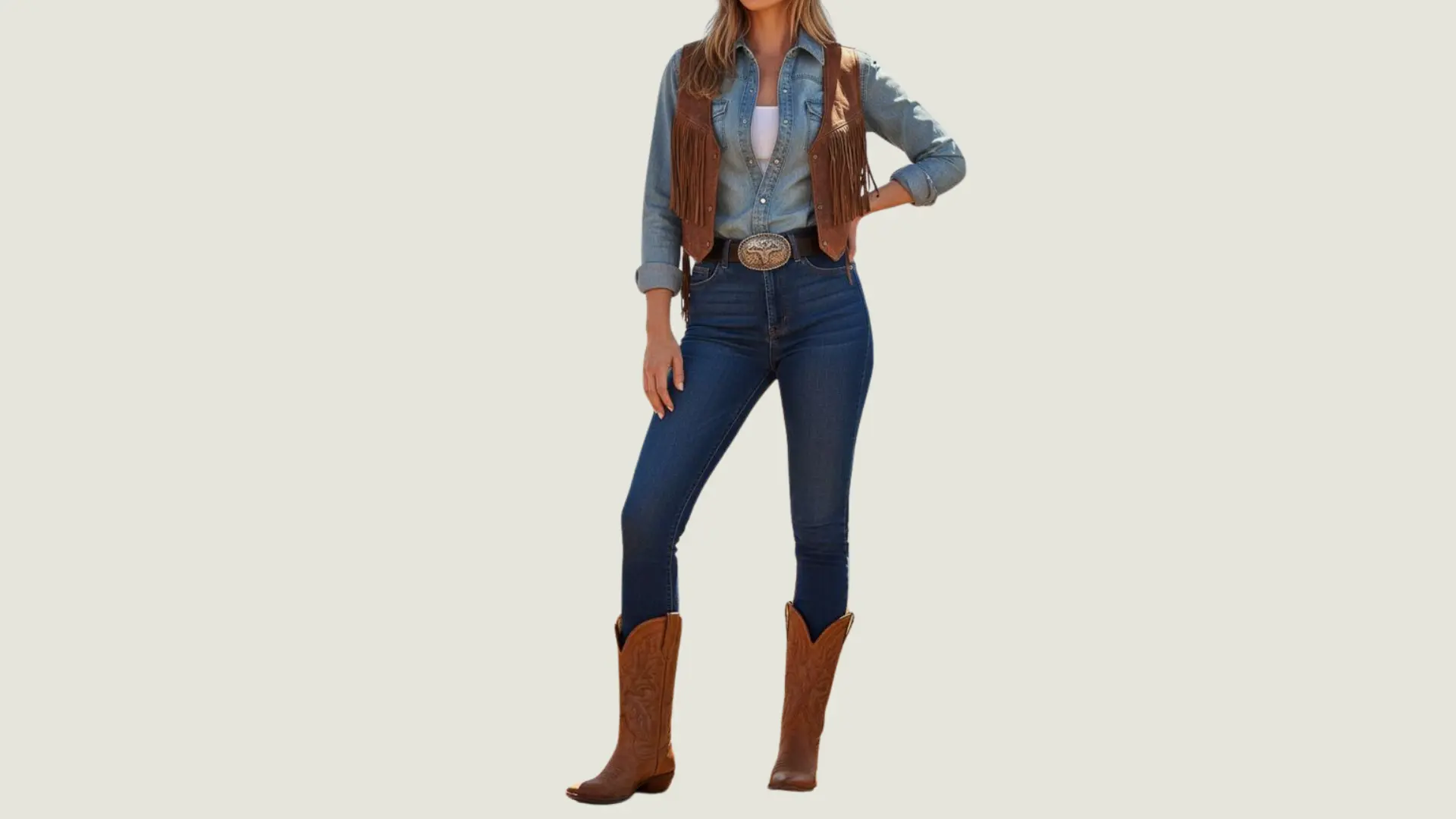 woman in western_cowboy core style wearing a denim shirt with a fringe suede vest dark jeans and brown cowboy boots