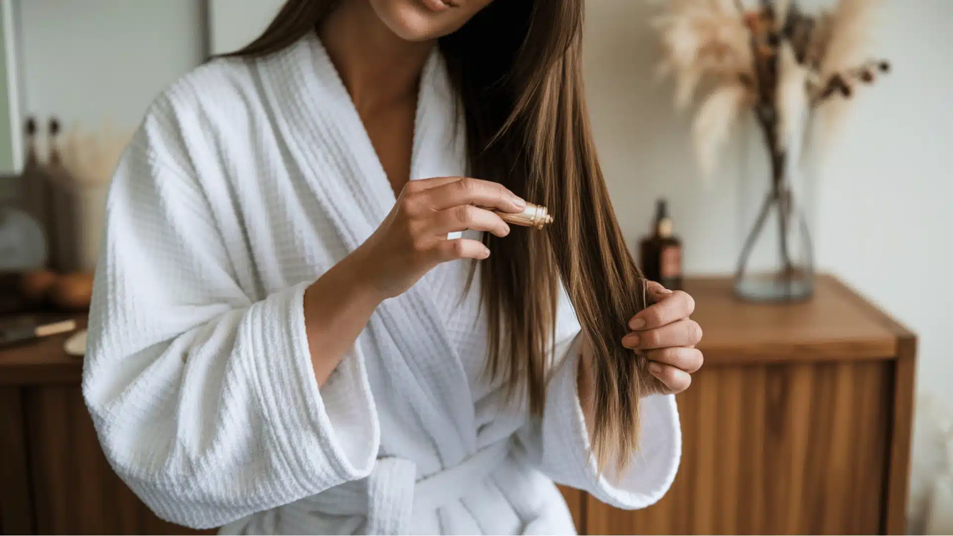 woman, partially visible from the waist down, applying a golden liquid to her long brown hai