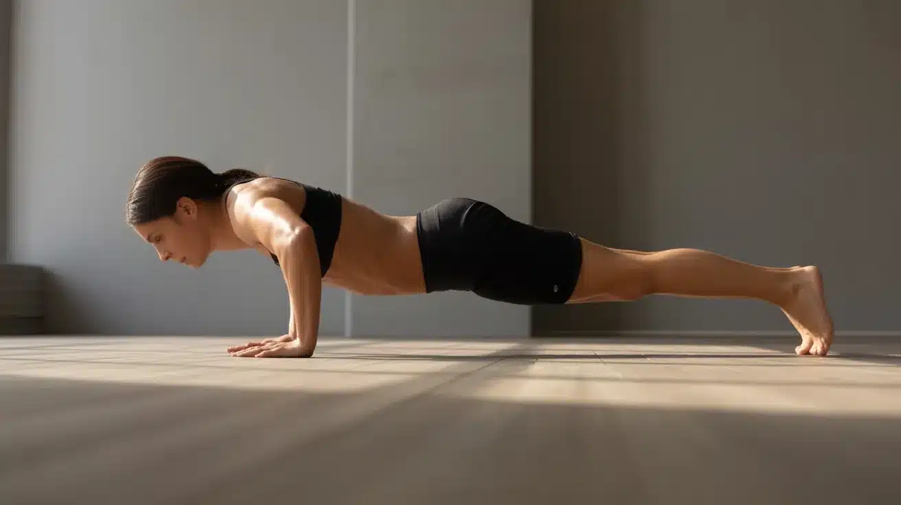 woman performing push up plank position indoors, body straight and arms bent during strength training floor exercise