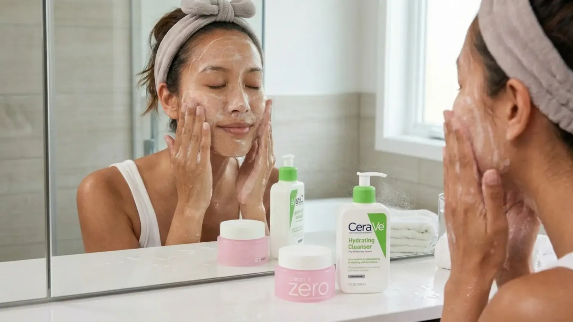 woman practicing a double cleanse (am & pm) routine in a mirror with facial foam and various skincare products