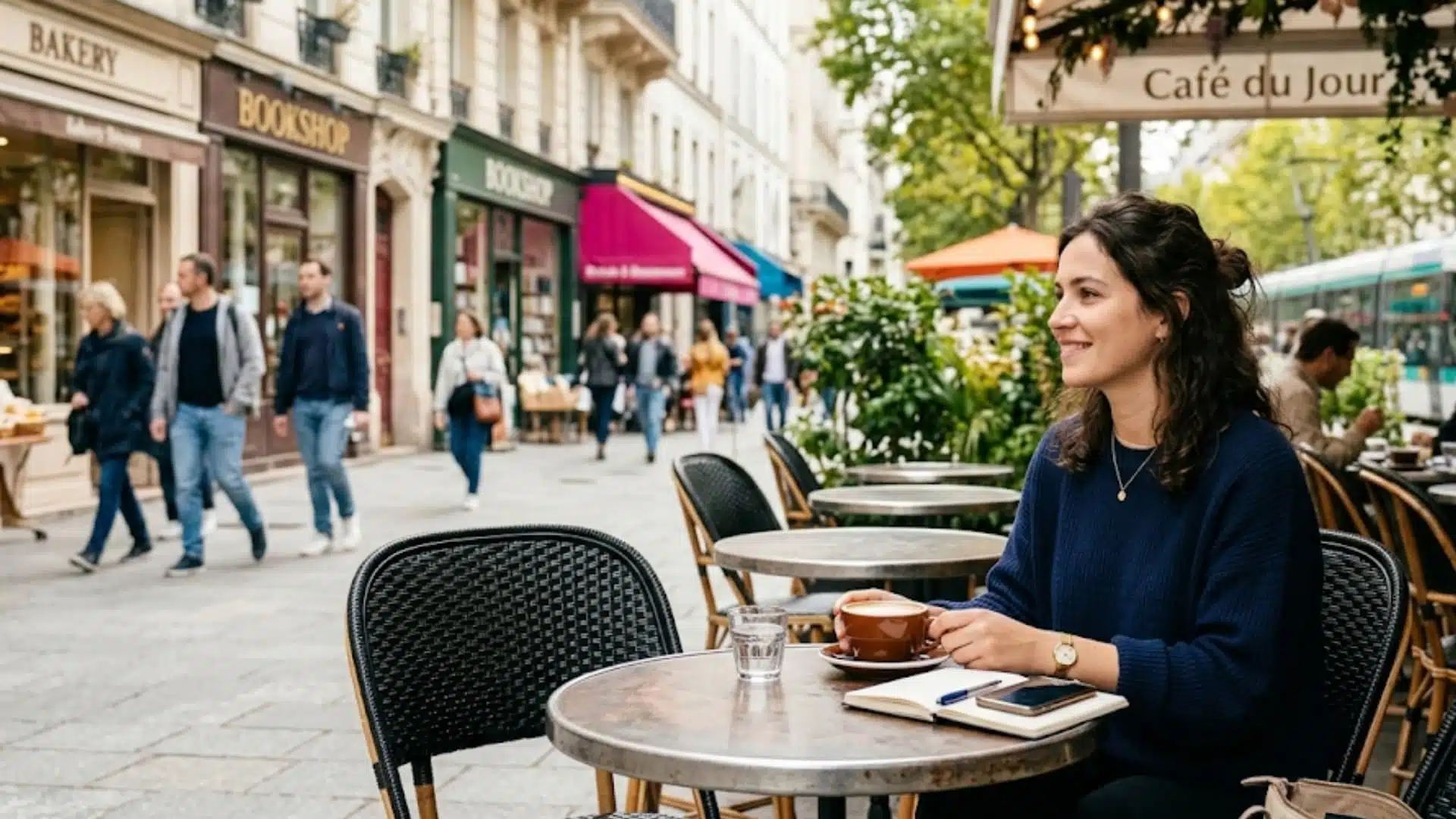 woman smiles at a sidewalk café, holding coffee with a notebook nearby, as pedestrians pass storefronts on a busy street