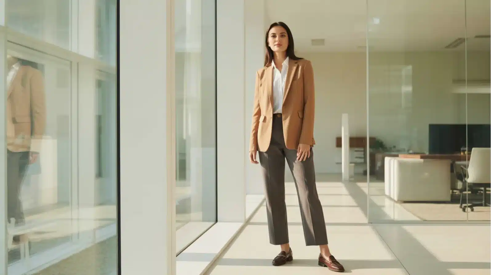 woman wearing camel blazer, white shirt, tailored trousers, and loafers standing in bright modern office hallway