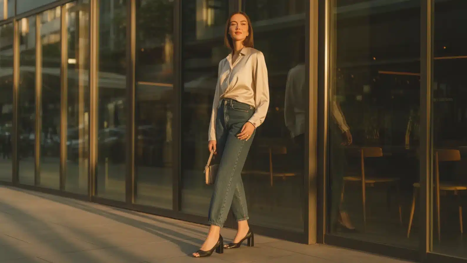 woman wearing silk blouse, dark jeans, and heels standing outside modern building during golden hour