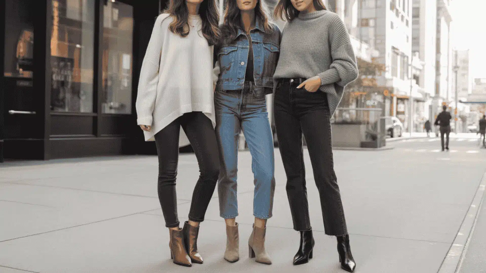 woman wearing skinny jeans with classic leather ankle boots and long sweater over 40