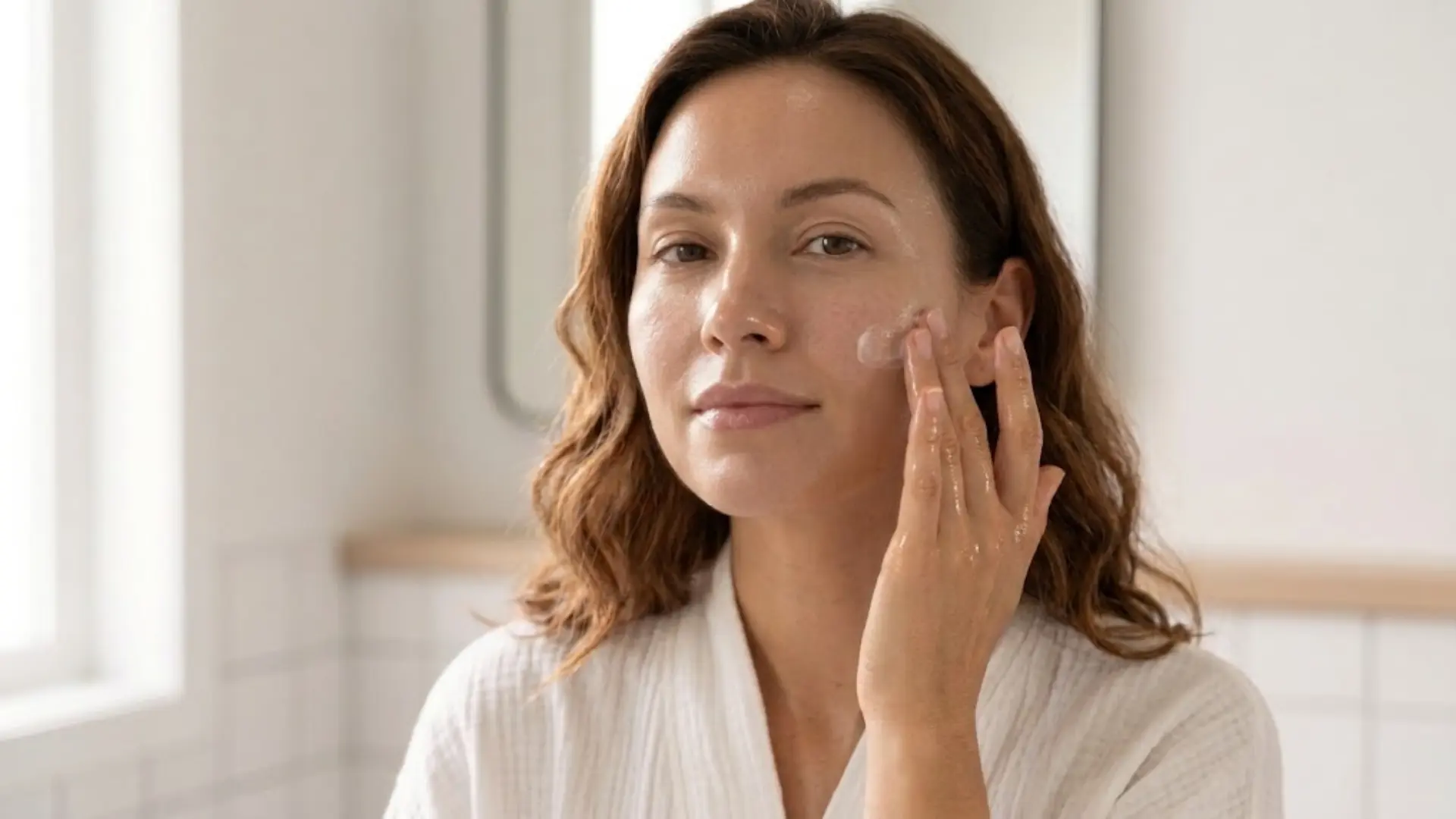 woman with oily skin applying cerave moisturizer to her cheek in a bright white bathroom