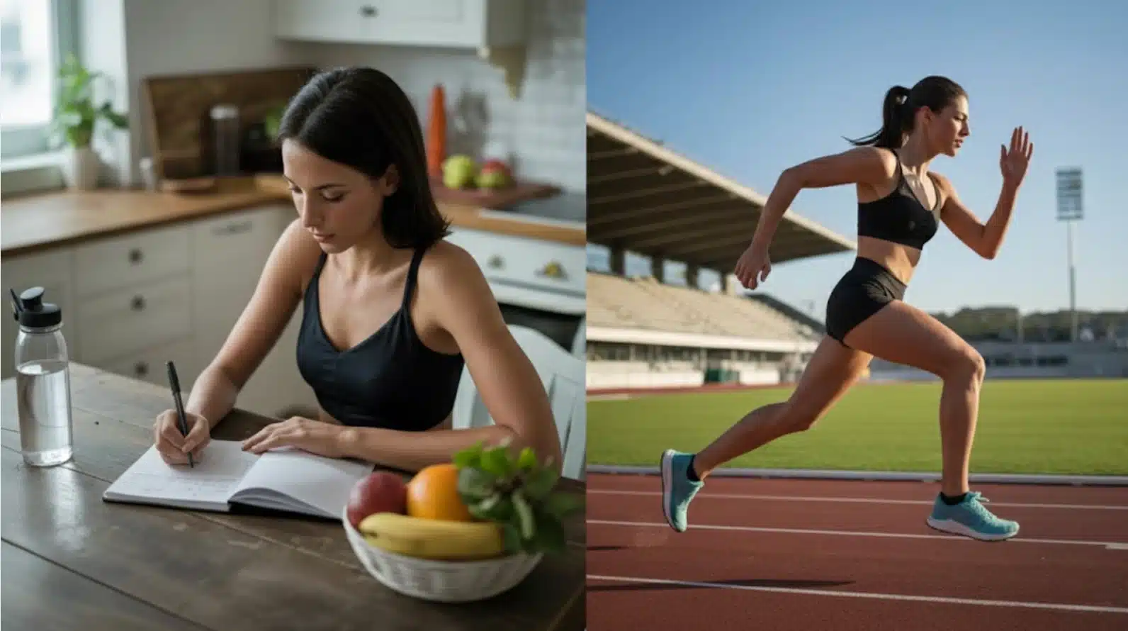 woman writing in notebook at kitchen table with fruit bowl, split image of woman sprinting on outdoor track field