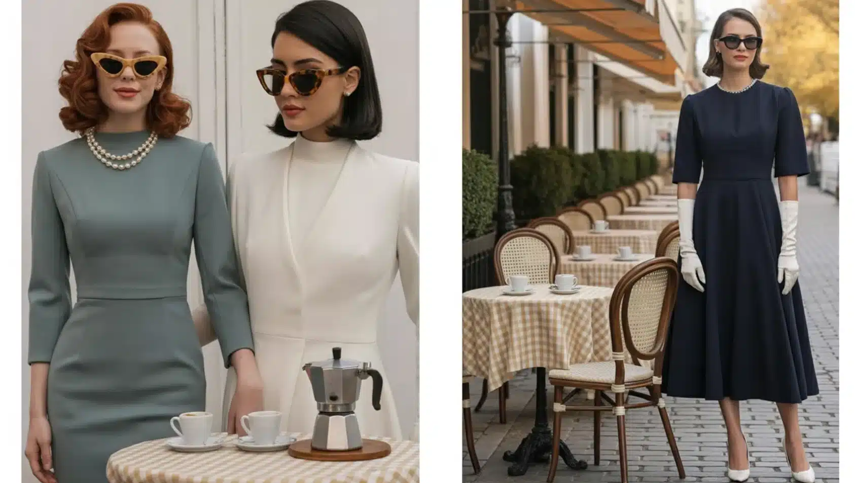 women wearing vintage-inspired dresses, cat-eye sunglasses, pearl necklaces, gloves, and classic silhouettes