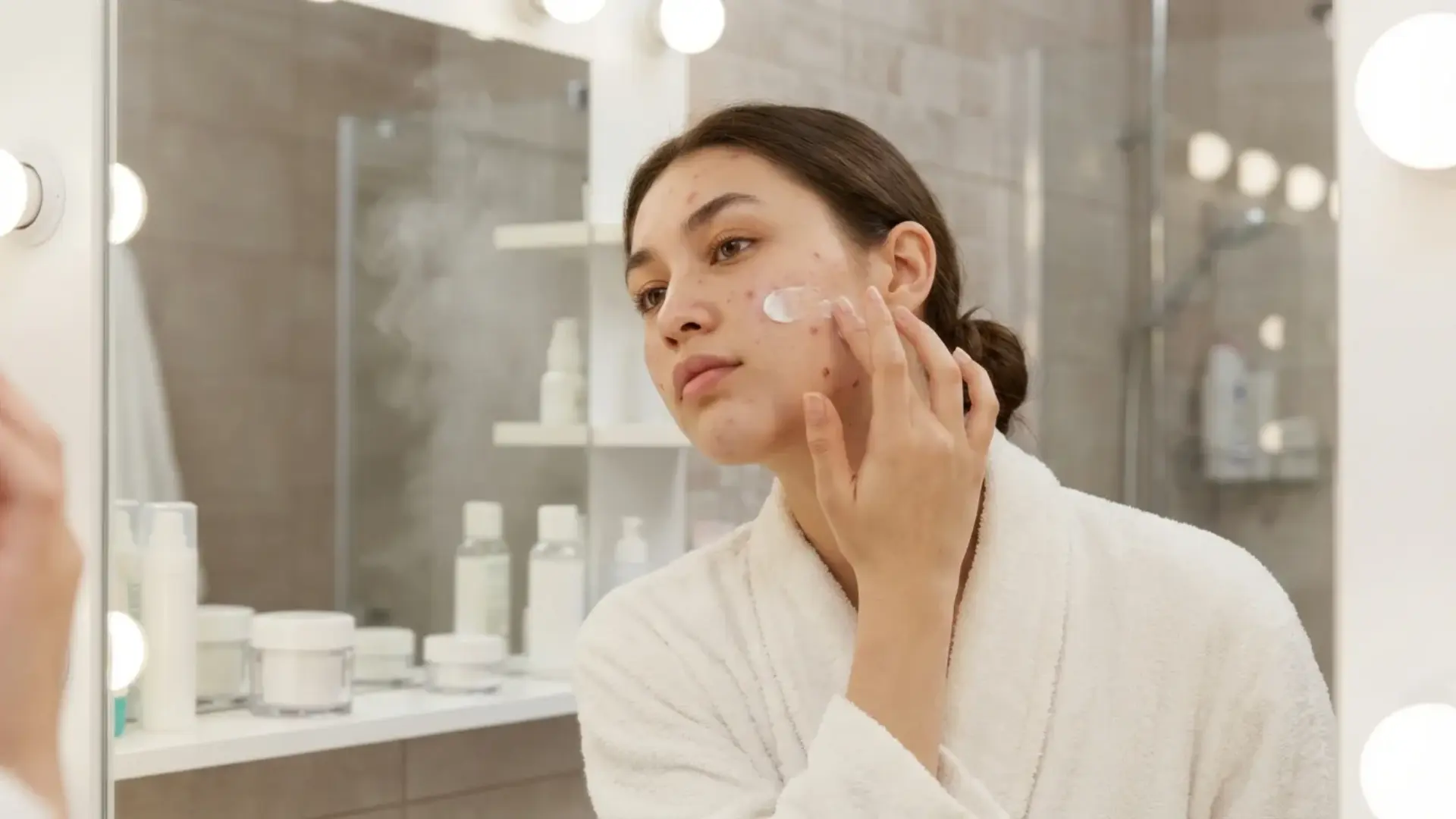 young woman in a white bathrobe applying a spot treatment to her oily and acne skin in a bright bathroom mirror