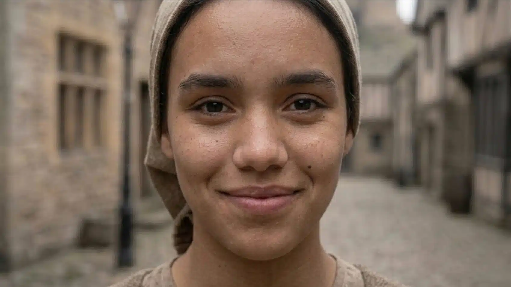young woman wearing simple headscarf, standing on quiet historic cobblestone street with old stone buildings behind her