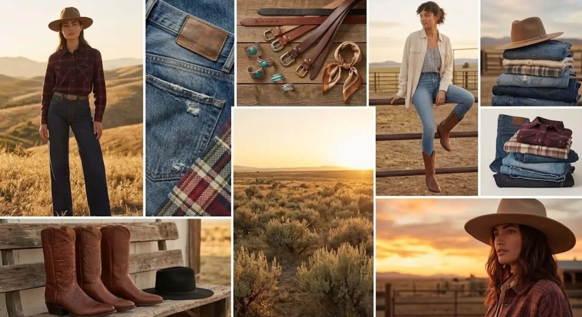 Collage of western outfits with denim jeans, plaid shirts, leather belts, cowboy boots, hats, and desert landscape