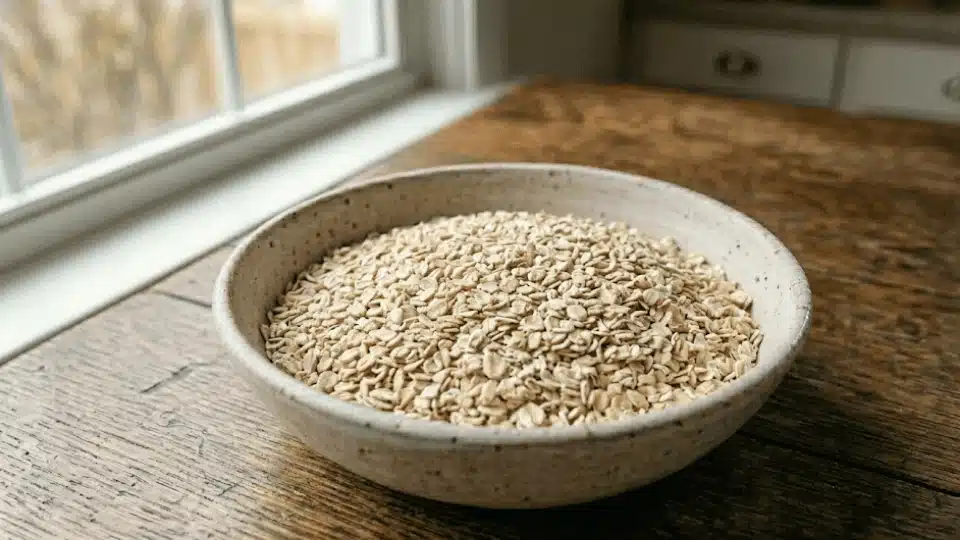 a ceramic bowl filled with raw, dry quick oats on a wooden table near a window.
