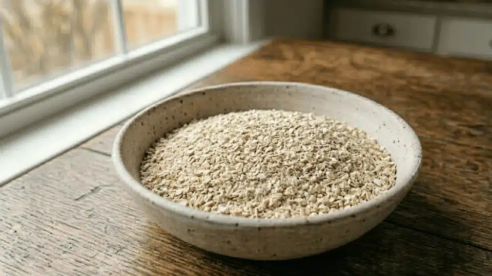 a ceramic bowl filled with thin, fragmented raw instant oats on a wooden table near a window.