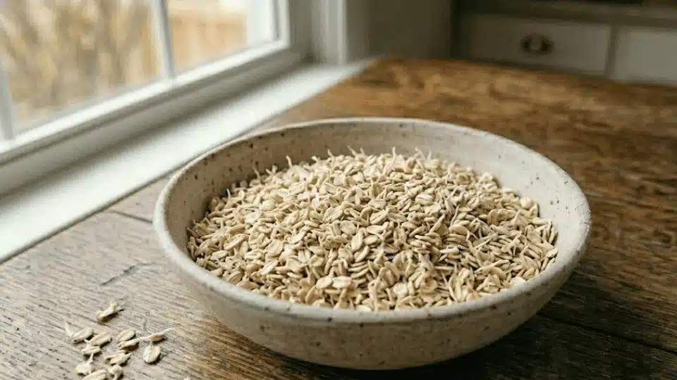 a ceramic bowl of raw, dry sprouted oats with tiny visible sprouts on a wooden table near a window.