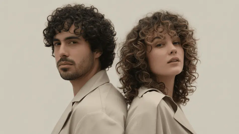 a man and a woman posing with their curly hair, showing the difference between wavy vs curly hair (1)