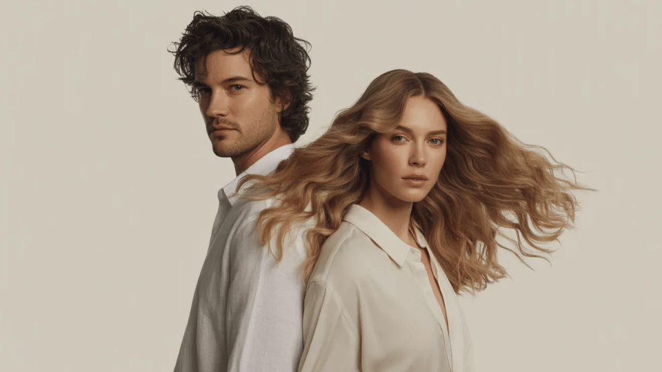 a man and a woman posing with their wavy hair, showing the difference between wavy vs curly hair