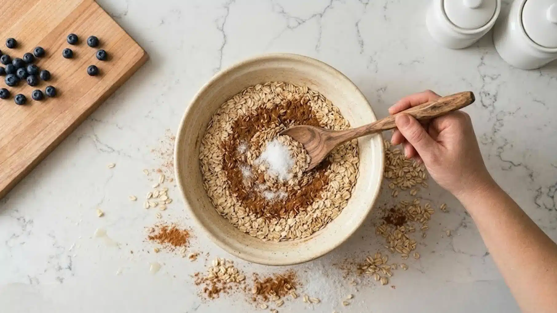 a person stirring a mixture of oats, cinnamon, and salt in a bowl, with fresh blueberries on the side