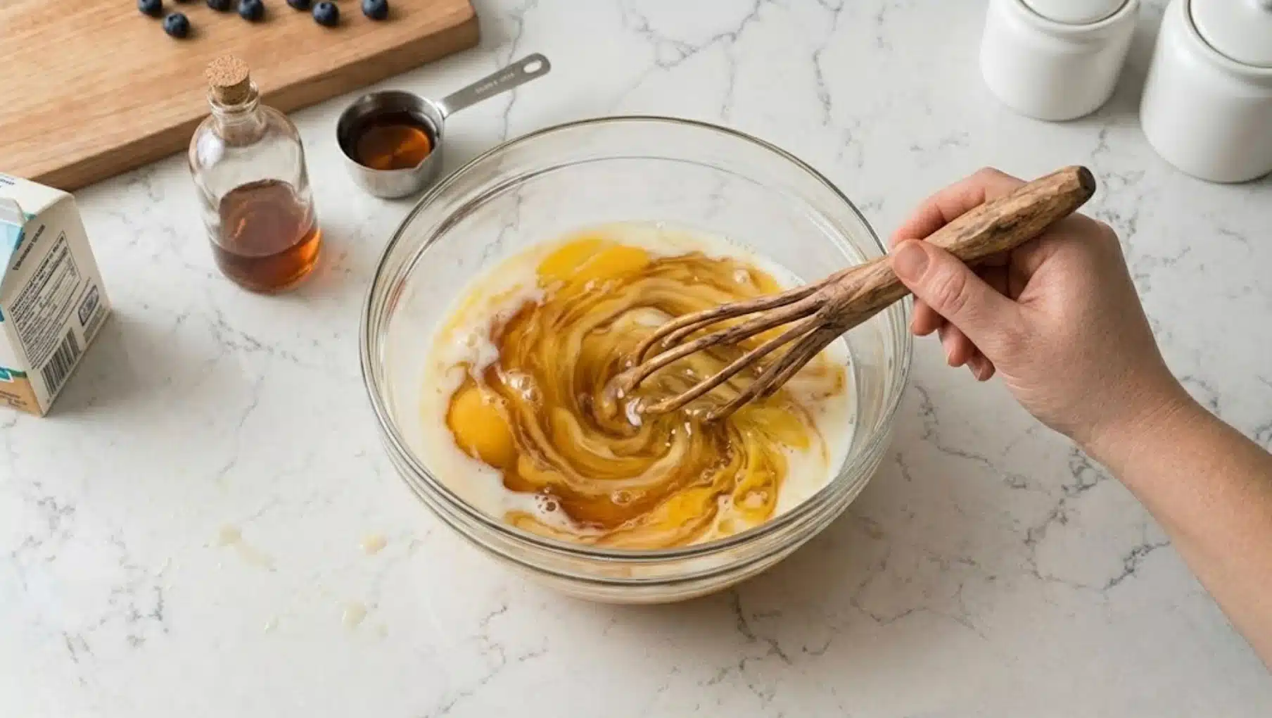 a person whisking a mixture of eggs, milk, and vanilla extract in a glass bowl with a wooden whisk