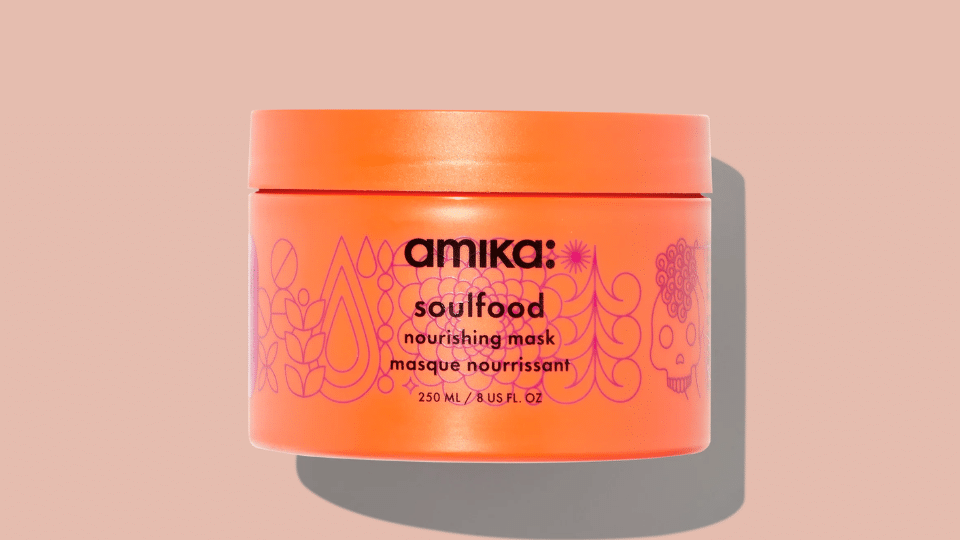 amika soulfood nourishing mask in bright orange jar for fine hair moisture and softness without buildup