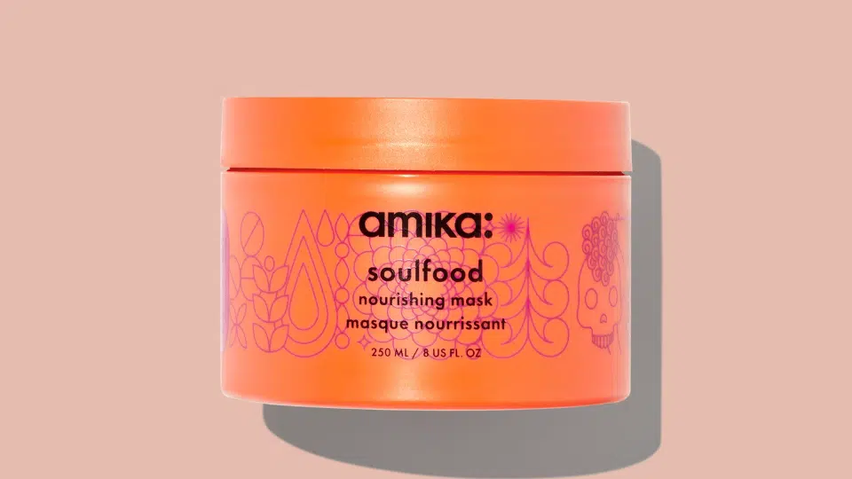 amika soulfood nourishing mask in bright orange jar for fine hair moisture and softness without buildup