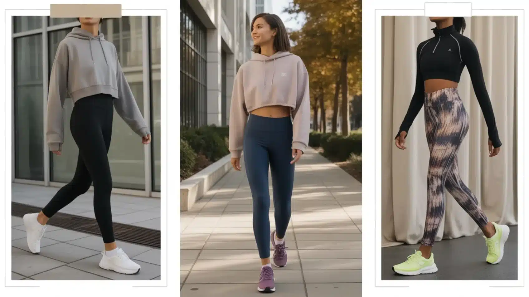 athleisure outfits featuring leggings, cropped hoodies, athletic tops, and running shoes styled for comfortability