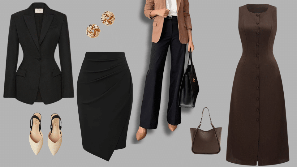 black blazer and skirt set neutral heels gold studs tan blazer with trousers and brown sleeveless midi dress for different court situations