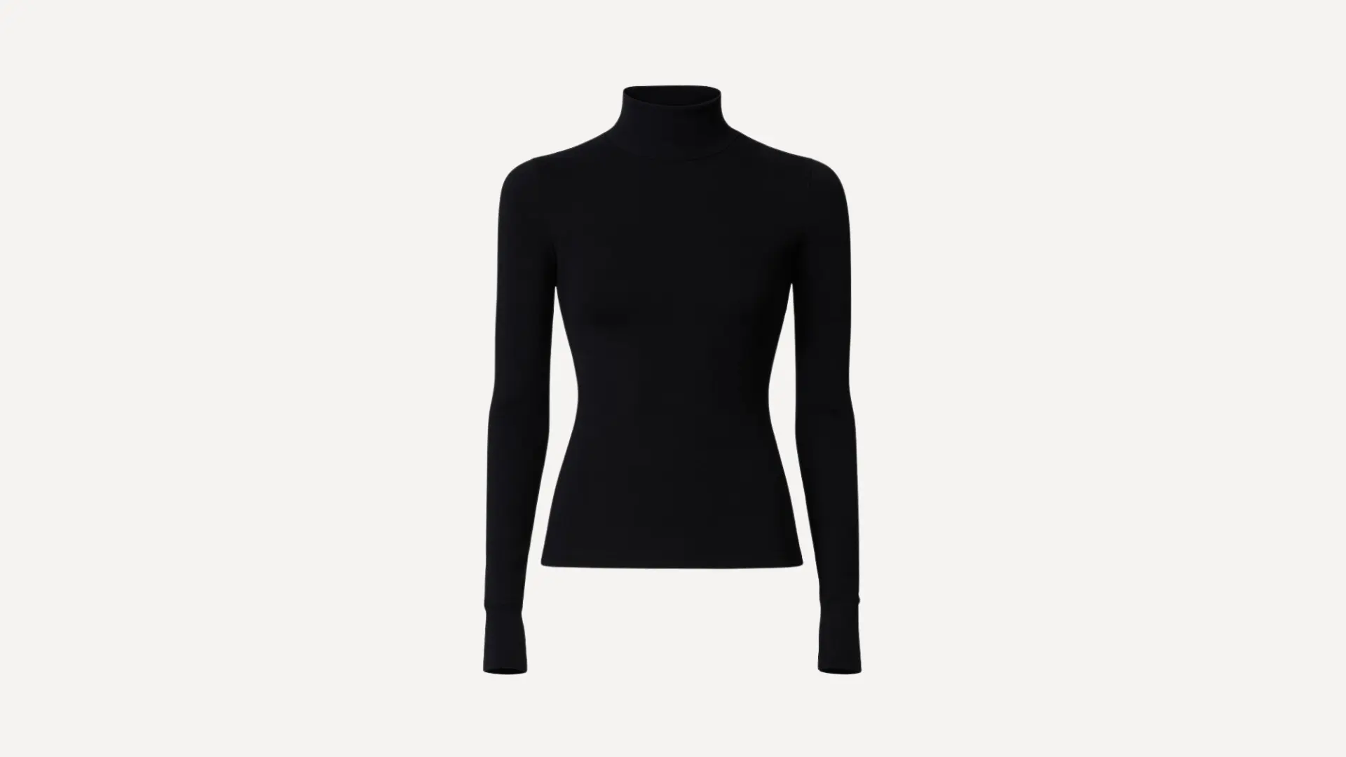 black long-sleeve turtleneck top with a fitted silhouette and a minimalist design on a plain white background