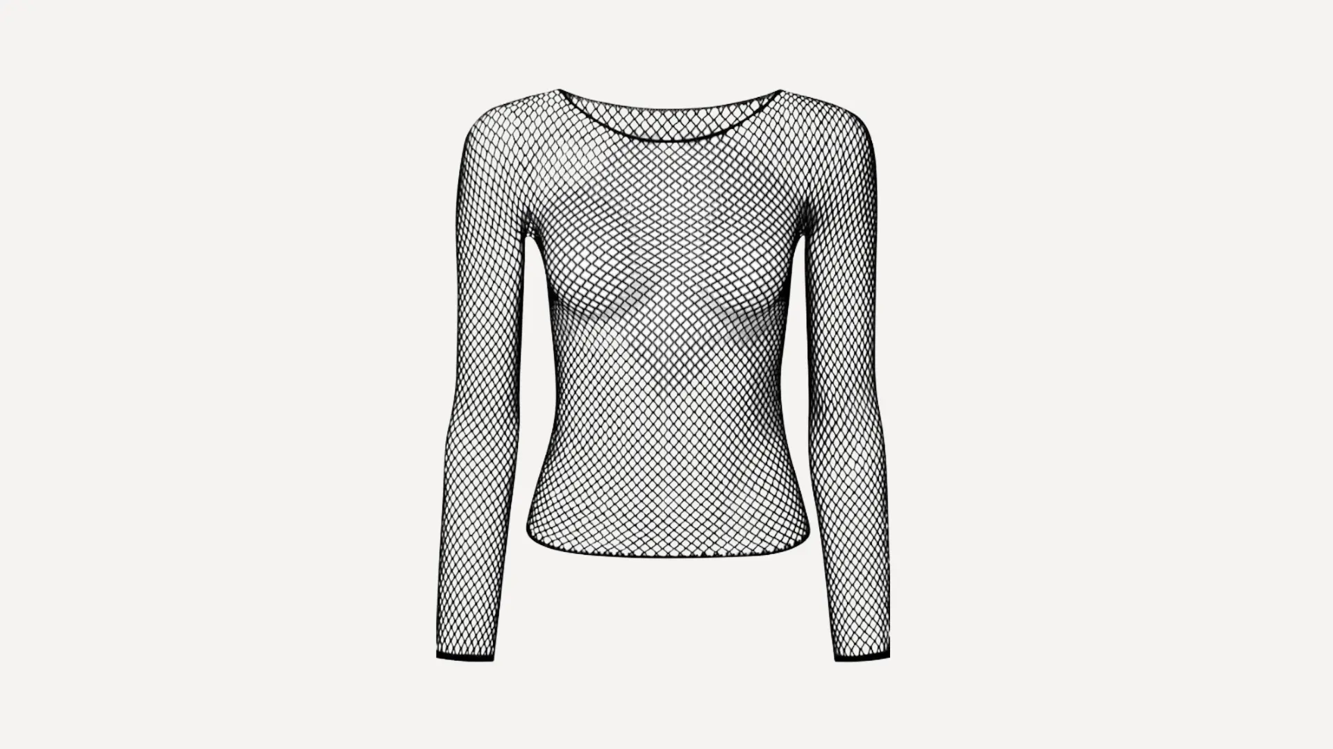 black long-sleeved net _ mesh top with a round neckline and a sheer diamond-grid pattern on a plain white background