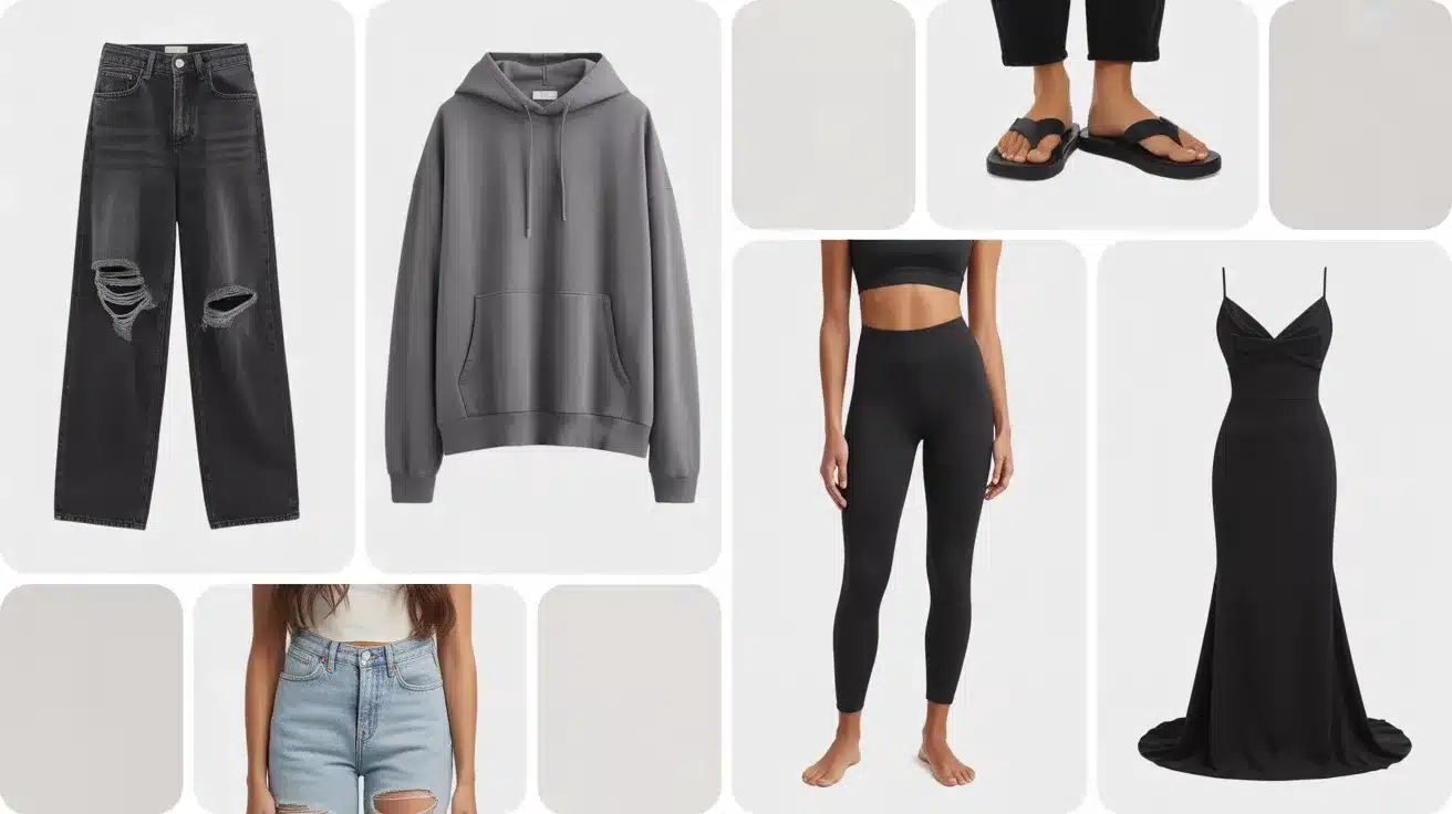 black ripped jeans, gray hoodie, light blue jeans, black leggings set, black gown, and sandals on white background
