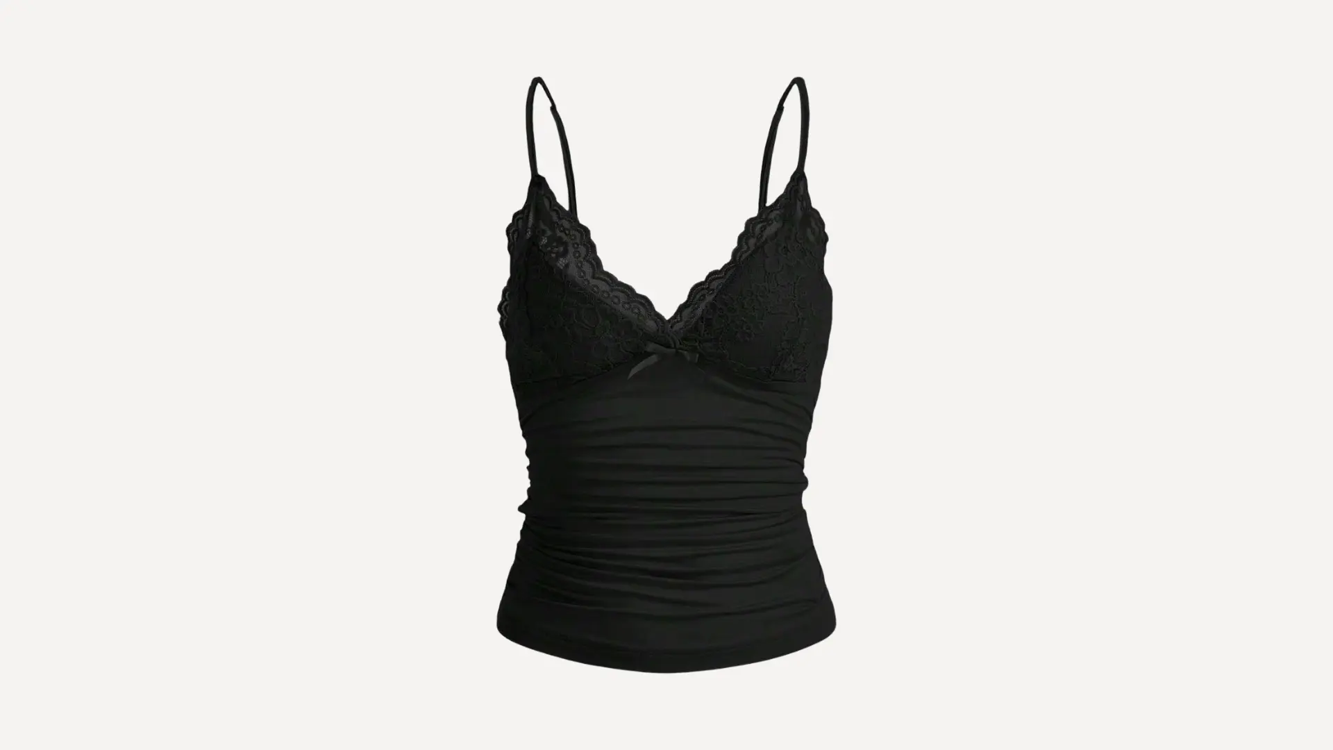 black ruched camisole (cami) featuring delicate lace detailing on the v-neckline and thin adjustable spaghetti straps