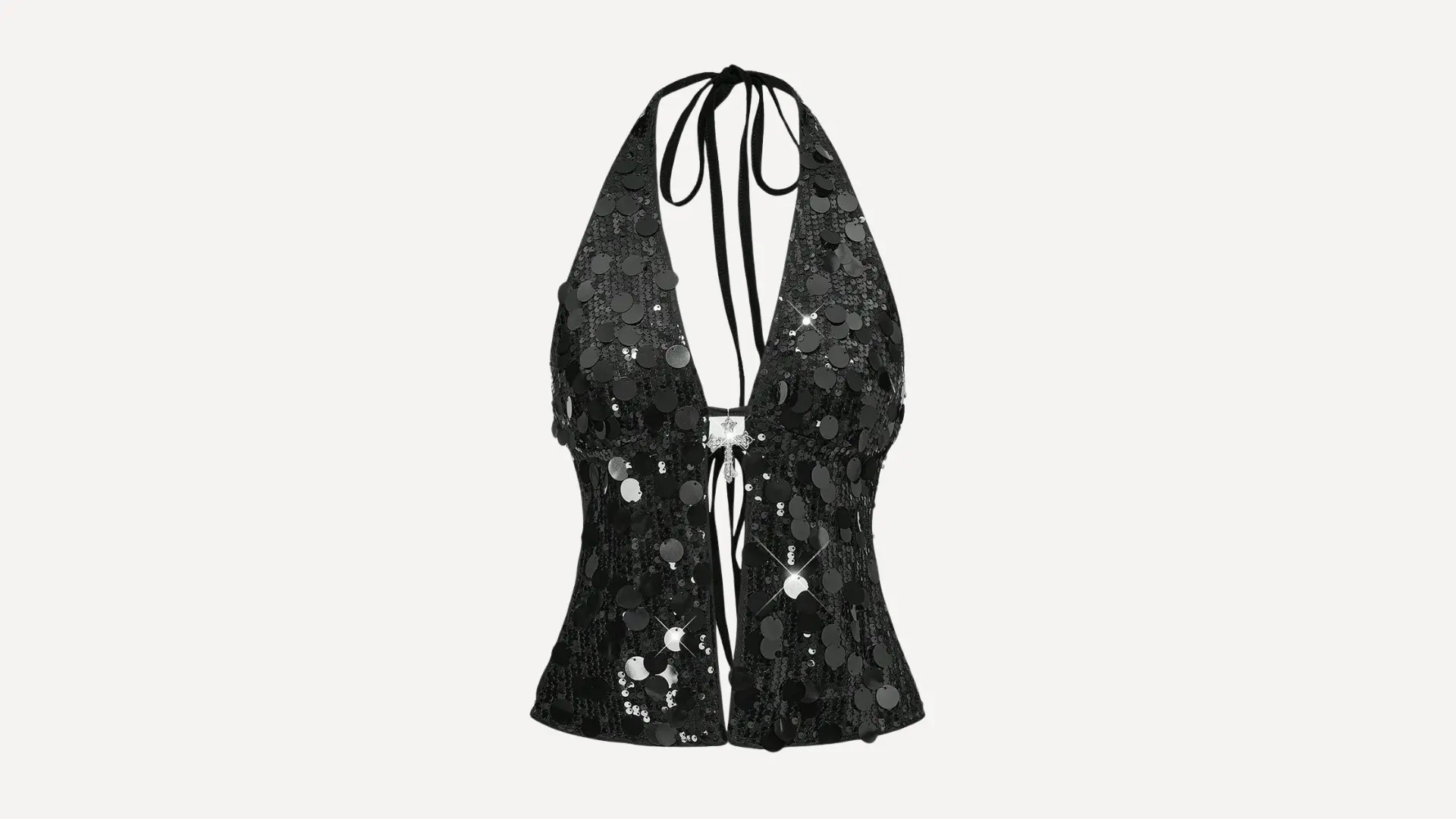 black sequin _ embellished top featuring a halter neckline with tie straps and a plunging open front with cross charm