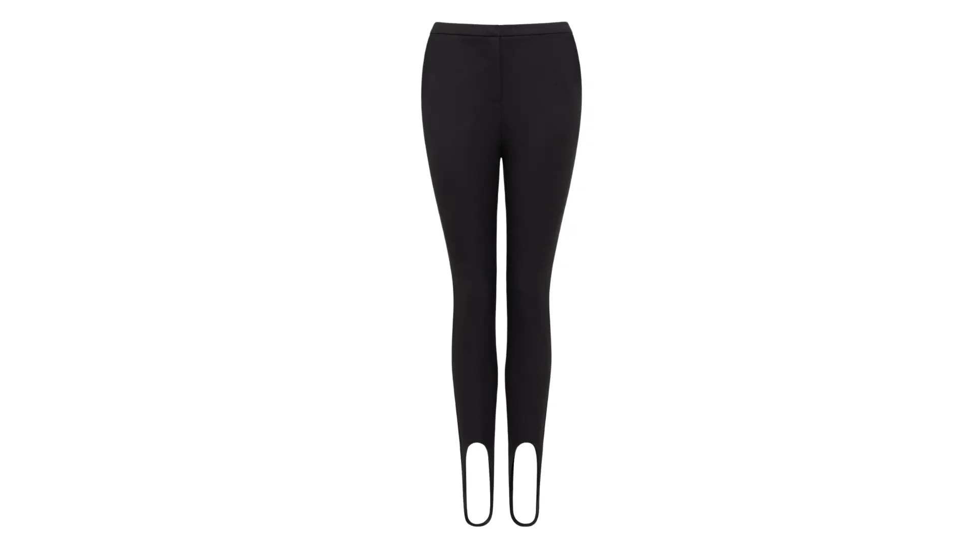 black slim-fit stirrup trousers featuring a high waistband and a sleek stretch design on a plain white background