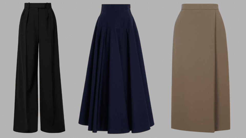 black wide leg trousers navy a line midi skirt and tan knee length pencil skirt for a polished court ready look