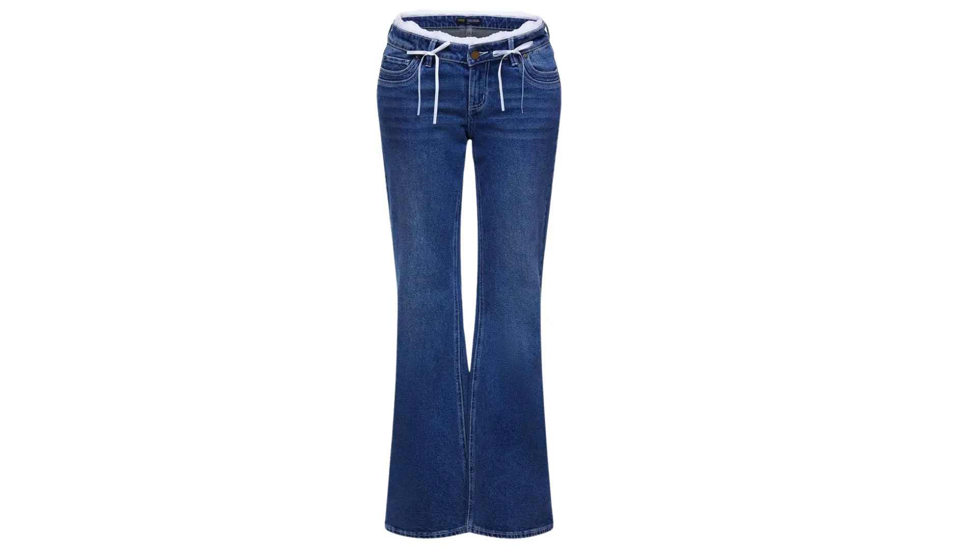 blue low-rise jeans featuring a white drawstring waistband and a faded denim finish against a light grey background