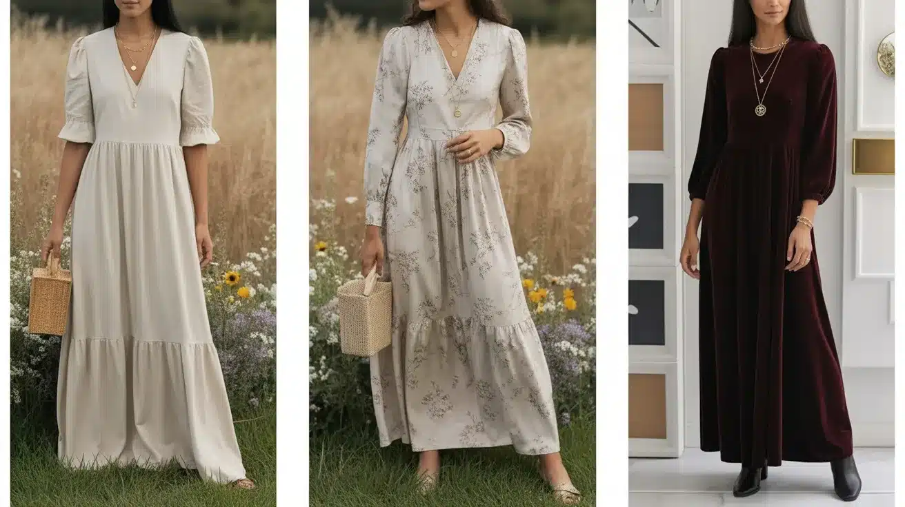 bohemian style dresses with flowing fabrics, soft floral prints, long sleeves, layered necklaces, and countryside