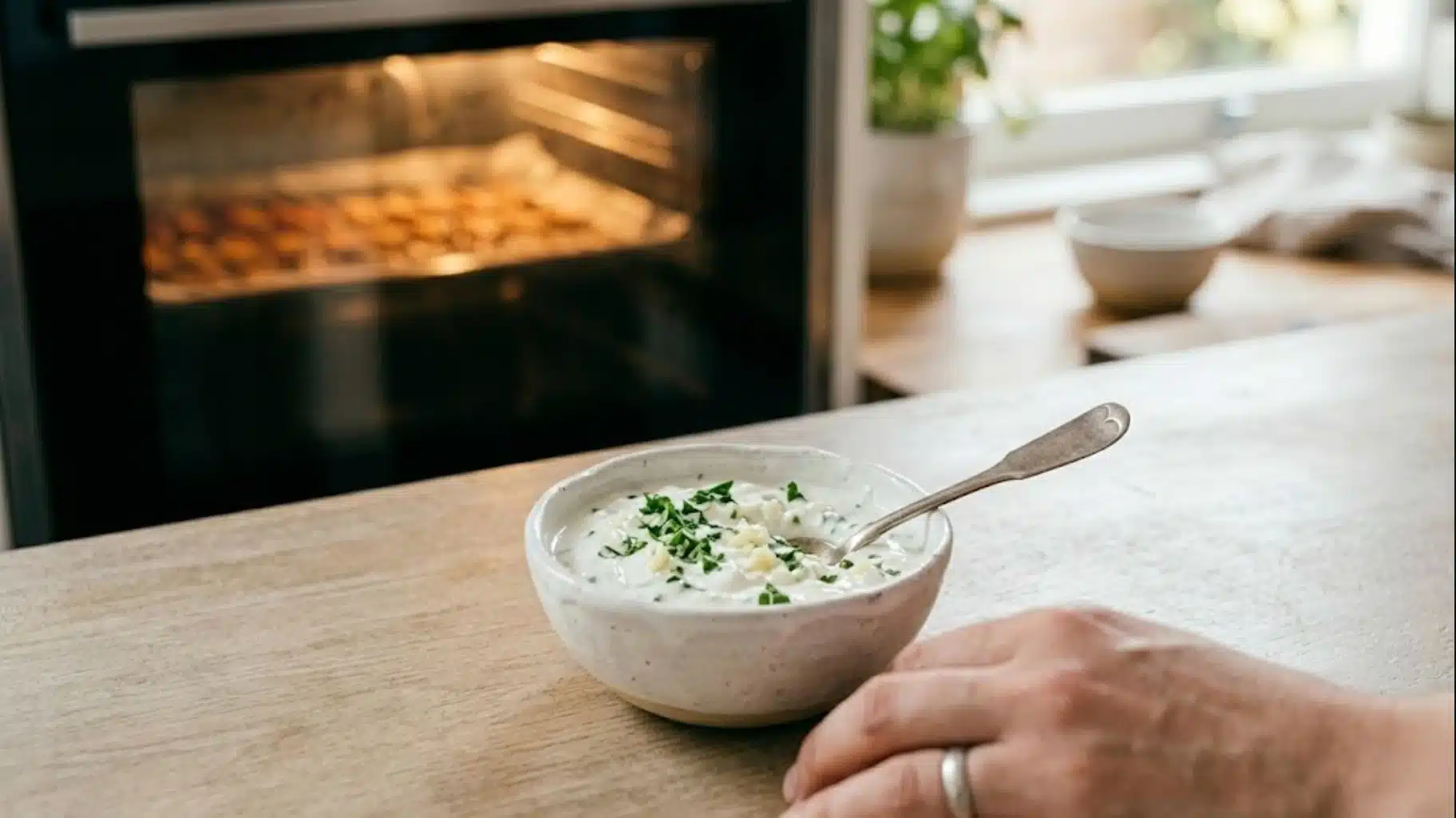 bowl of creamy garlic yogurt dip with herbs on kitchen counter, oven roasting sweet potato wedges in the background