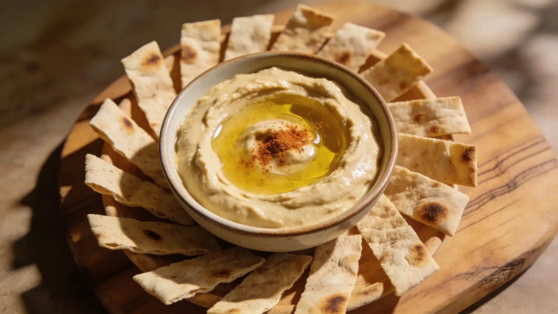 bowl of creamy hummus topped with olive oil and paprika, surrounded by toasted pita chips on wooden serving board