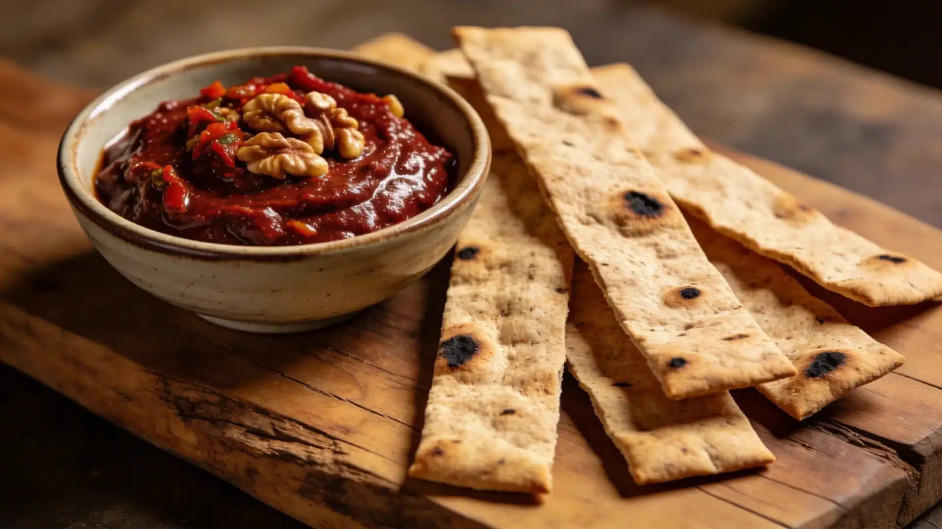 bowl of rich red pepper walnut dip topped with walnuts, served with crispy flatbread crackers on rustic wooden board