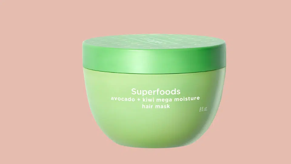 briogeo superfoods avocado and kiwi mega moisture hair mask in green jar for lightweight hydration on fine hair