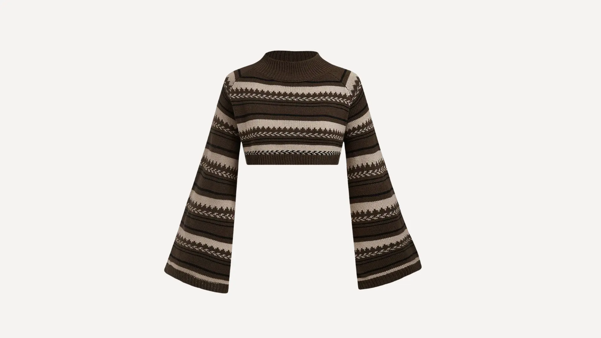 brown and tan striped crop sweater with long flared bell sleeves and a high neck on a plain white background