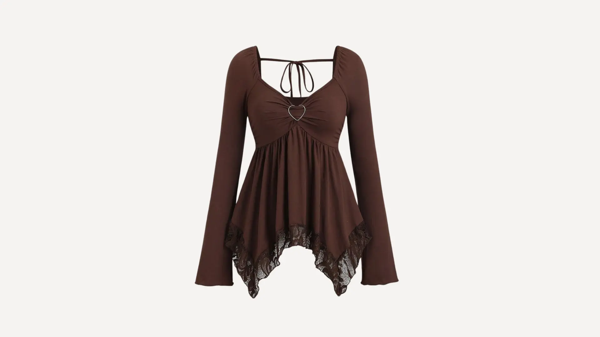 brown long-sleeved peplum top with a heart-shaped neckline, lace trim, and handkerchief hem on a white background